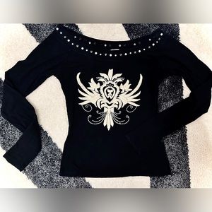 TEXAS COUTURE || Embroidered + Studded Long Sleeve Top in Black - SZ Small
